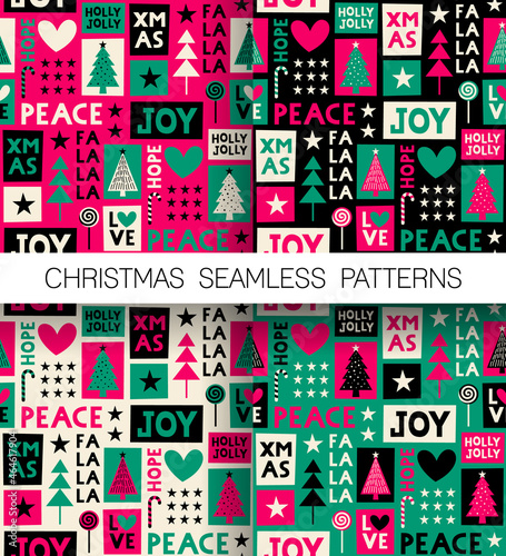 Set of christmas elements and typography design seamless pattern.
