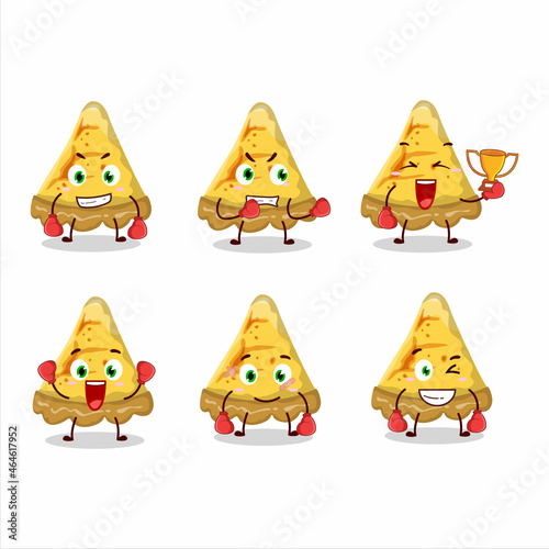 Slice of custard tart cartoon character with various types of business emoticons