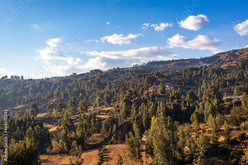 Impressive landscape of green and forested mountains in the Andes of Peru.