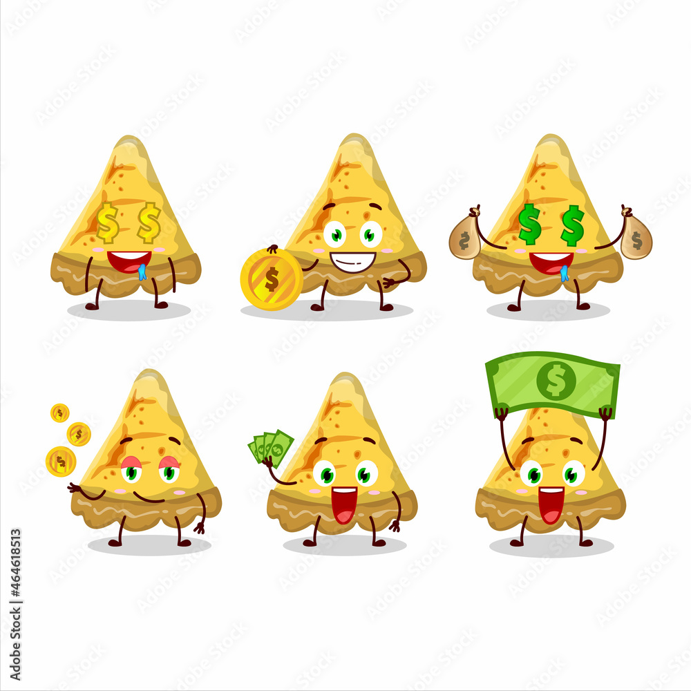 Fototapeta premium Slice of custard tart cartoon character with cute emoticon bring money