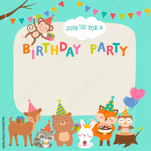 Cute cartoon animals illustration with copy space for birthday card template. © NTRdesign