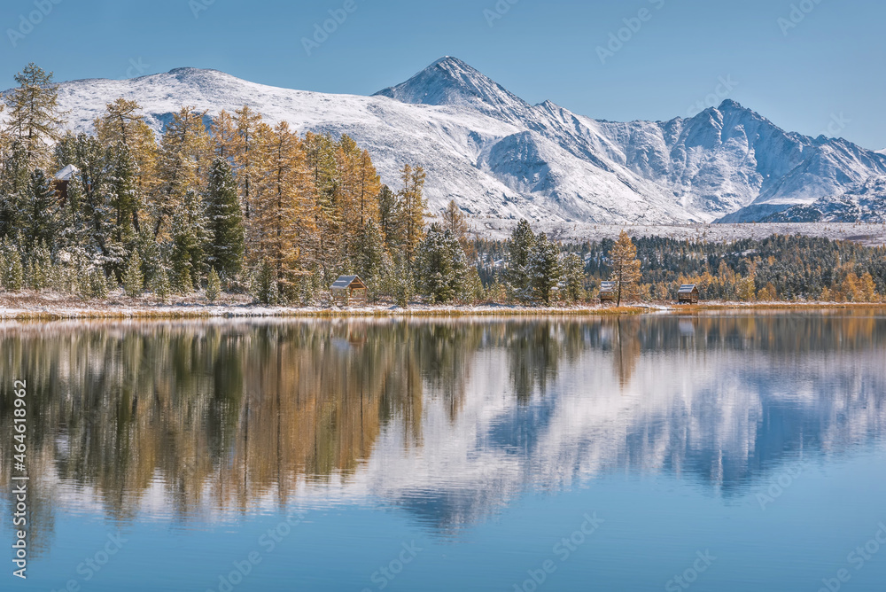 lake mountains snow forest reflection autumn