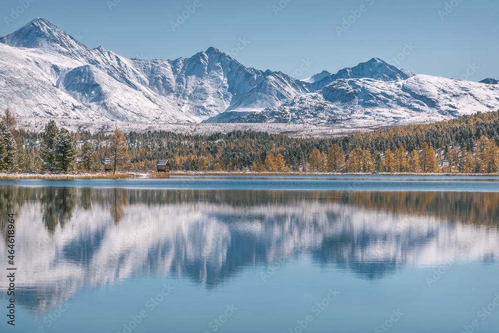Fototapeta premium lake mountains snow forest reflection autumn
