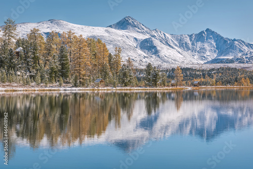 lake mountains snow forest reflection autumn