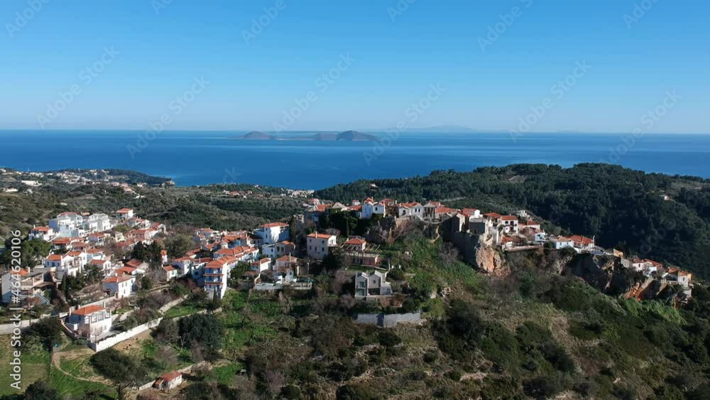 Aerial panoramic view over Chora the beautiful old Village of Alonnisos island, Sporades, Greece Aerial panoramic view over Chora the beautiful old Village of Alonnisos island, Sporades, Greece