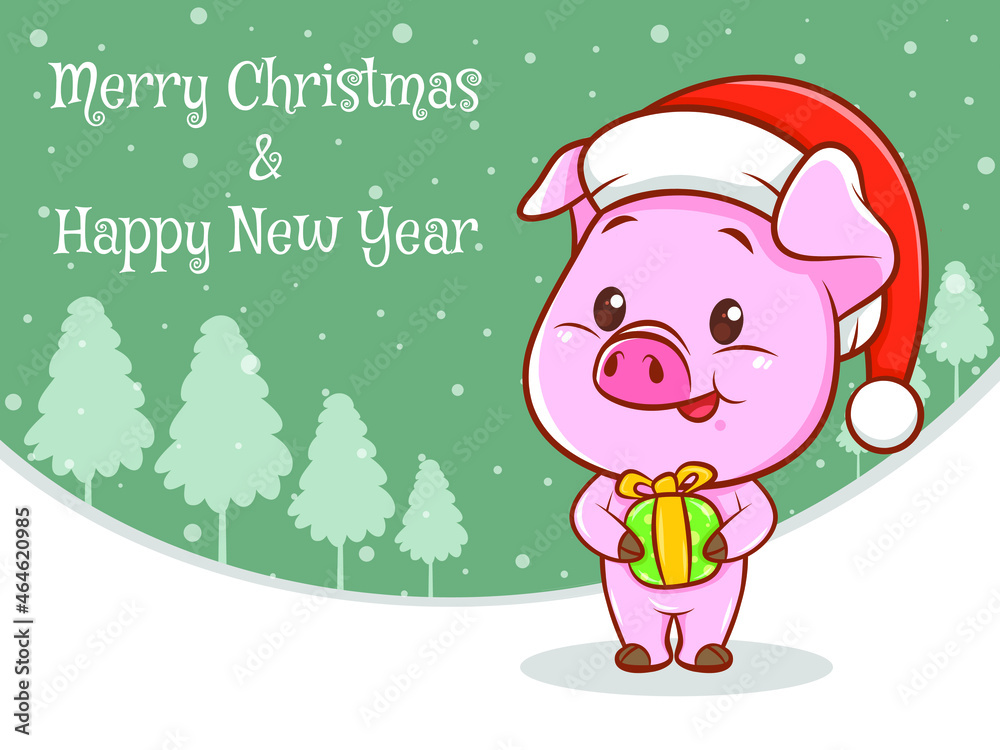 cute pig cartoon character with merry christmas and happy new year greeting banner
