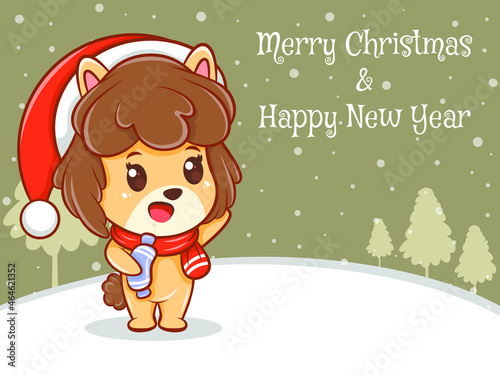 cute puppy cartoon character with merry Christmas and happy new year greeting banner.