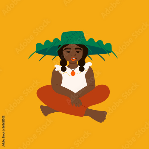 Illustration of island girl wearing palm frond hat sitting