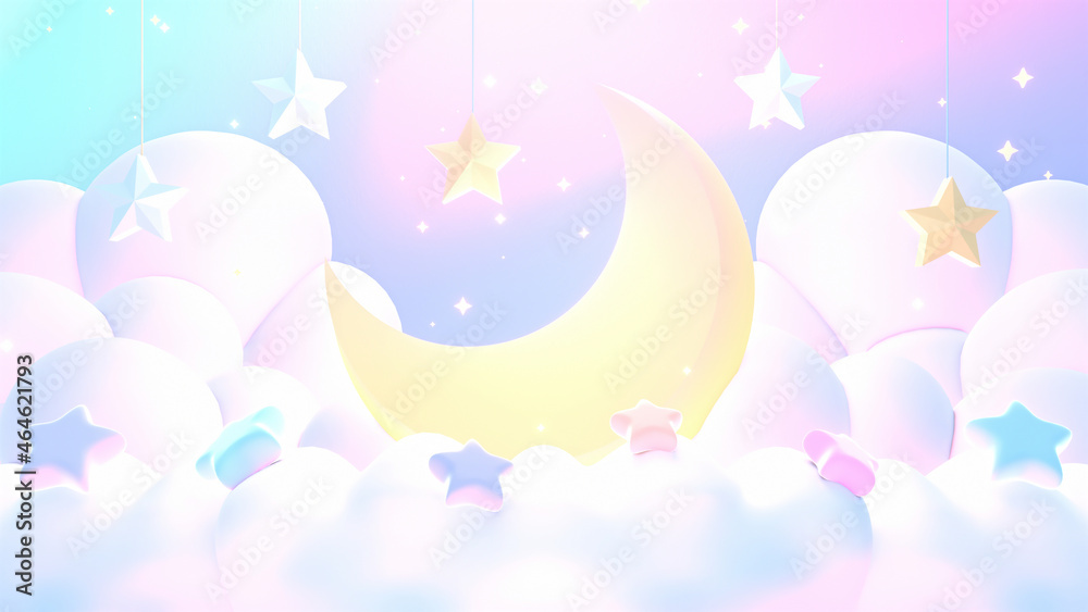 3d rendered pastel sky with yellow crescent moon, hanging stars, and white clouds.