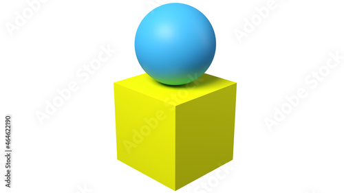 Preposition The Ball Is On The Box 3D Rendering. A preposition of place is a preposition which is used to refer to a place where something or someone is located. photo