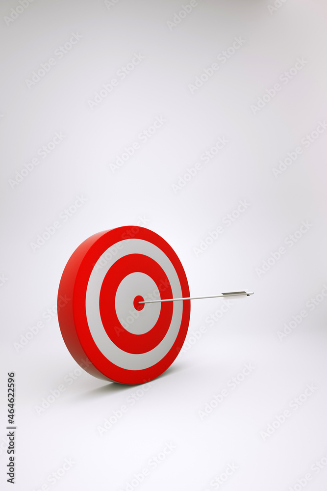 Realistic 3D model of a red target with a dart in the middle on a white isolated background. Red target, target, darts game. 3D graphics