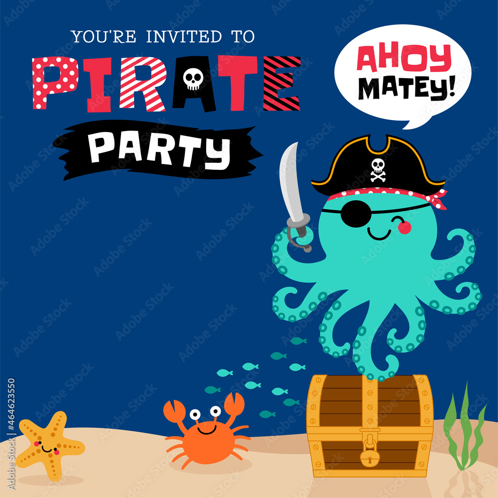 Cute pirate octopus under the sea with copy space for greeting, invitation card template.