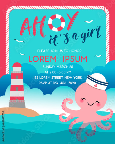 Cute sailor octopus cartoon illustration for girl baby shower invitation card.