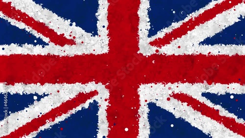 Colorful animation of the flag of Great Britain, gradually emerging from a moving swirling cloud consisting of many colorful small particles. The particles rotate to form the flag of Great Britain.