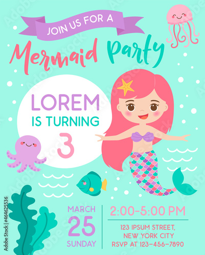 Cute mermaid and sea life cartoon for party invitation card template.