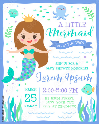 Cute mermaid and sea life cartoon for party invitation card template.