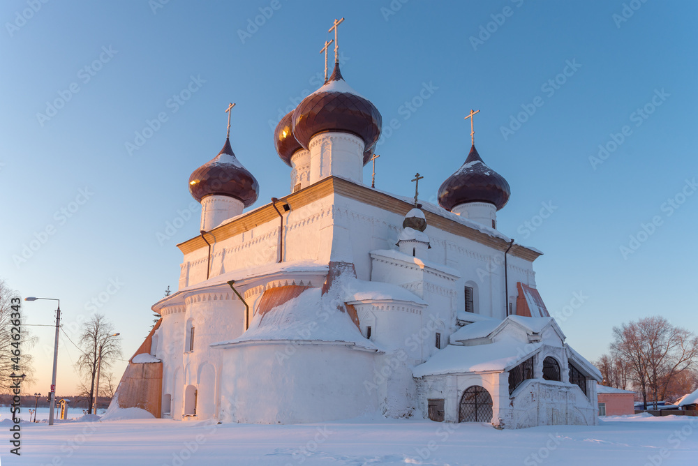 Ancient Cathedral of the Nativity of Christ close-up on a sunny February morning. Kargopol. Arkhangelsk region, Russia Ancient Cathedral of the Nativity of Christ close-up on a sunny February morning. Kargopol. Arkhangelsk region, Russia