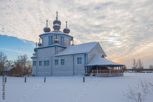 Old wooden church of the Epiphany on February morning. Stoletovskaya (Lyadiny). Arkhangelsk region, Russia