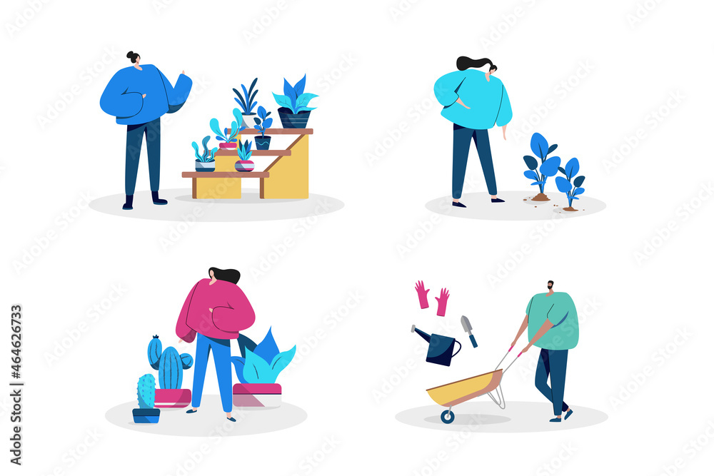 People gardening with different plants, planting and gardening tools flat illustrations