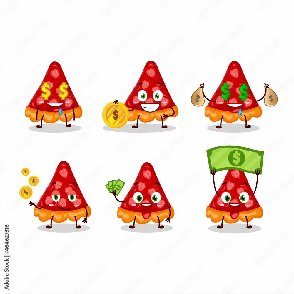 Slice of strawberry tart cartoon character with cute emoticon bring money Slice of strawberry tart cartoon character with cute emoticon bring money