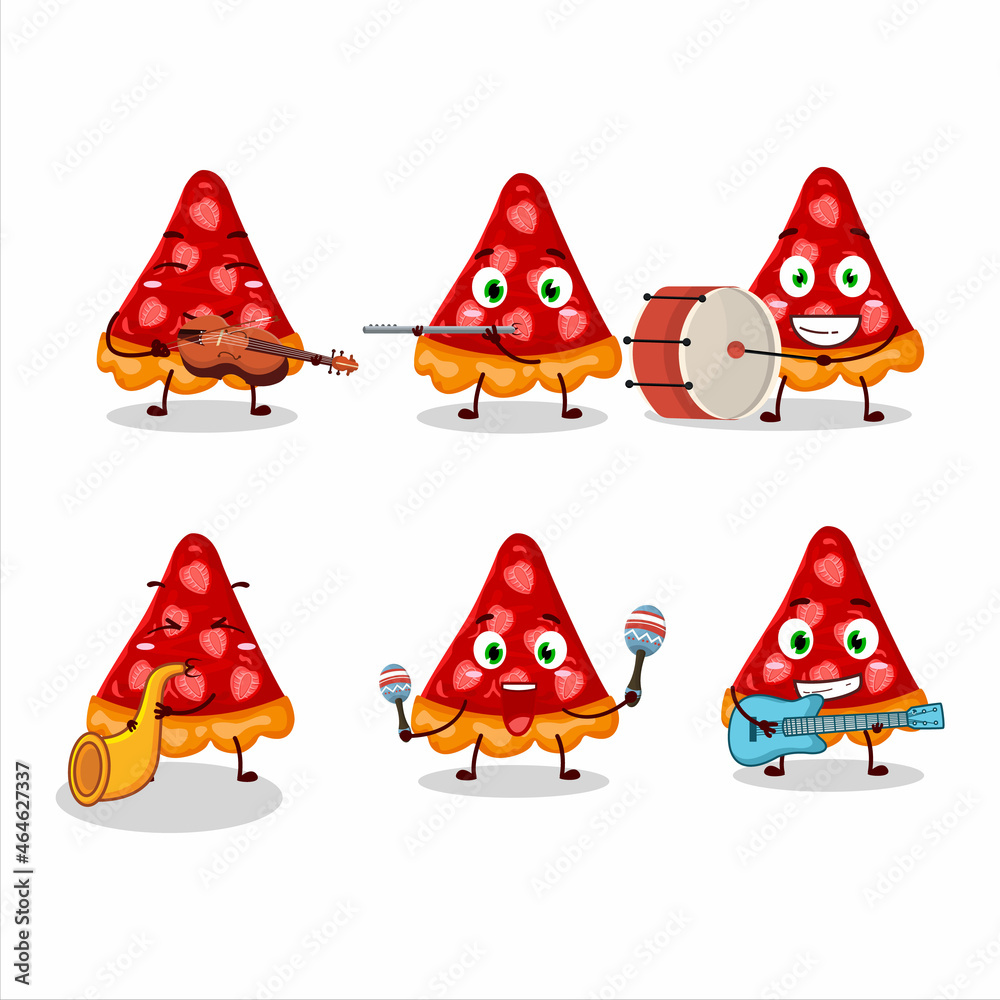 Cartoon character of slice of strawberry tart playing some musical instruments Cartoon character of slice of strawberry tart playing some musical instruments