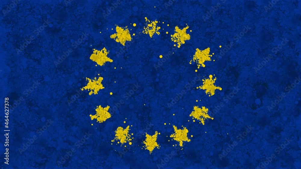 Animation of the flag of the European Union, gradually emerging from a moving swirling cloud consisting of many colorful small particles. The particles rotate to form the flag of the European Union. Animation of the flag of the European Union, gradually emerging from a moving swirling cloud consisting of many colorful small particles. The particles rotate to form the flag of the European Union.