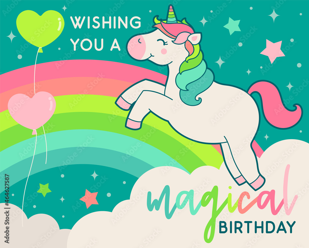 Obraz premium Cute unicorn illustration with rainbow background for birthday greeting card.