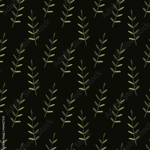 watercolor seamless spring and summer comple modern pattern. cute little hand drawn textured branches on a black background. pefrect for textile, scrapbooking, packaging, wrapping paper, post cards photo