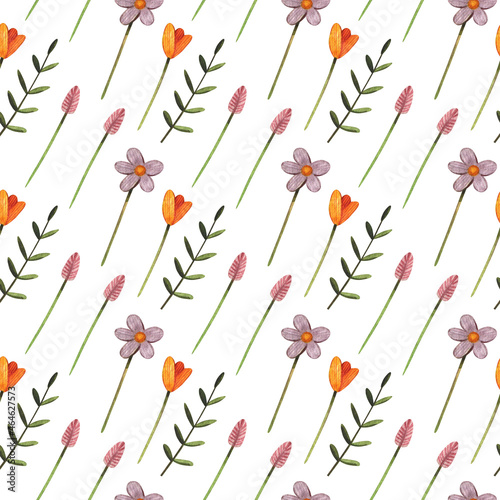 Beautiful Summer Seamless Pattern with Leaves and Flowers on a White Background. Good for scrapbooking, design, gift wrapping paper and textile © christina kostiv