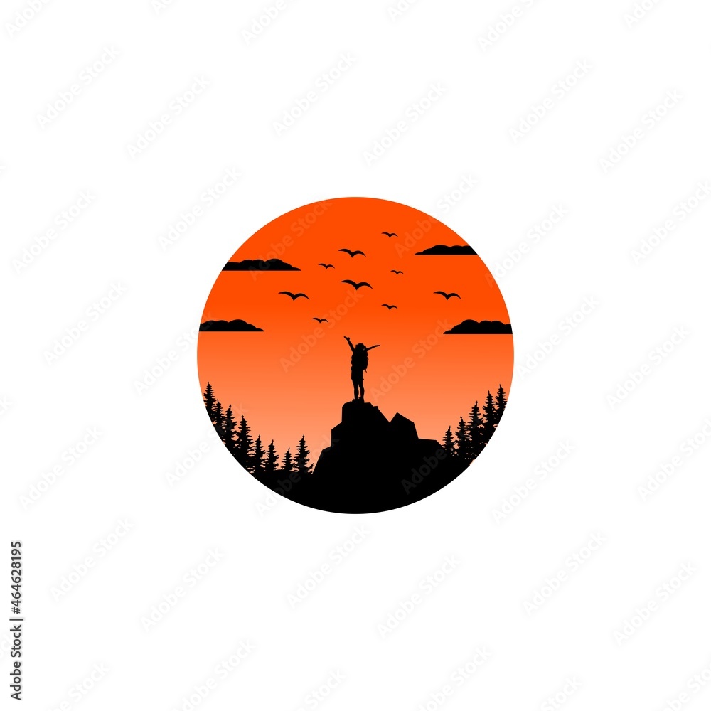 Silhouette of hiker in the mountain landscape 