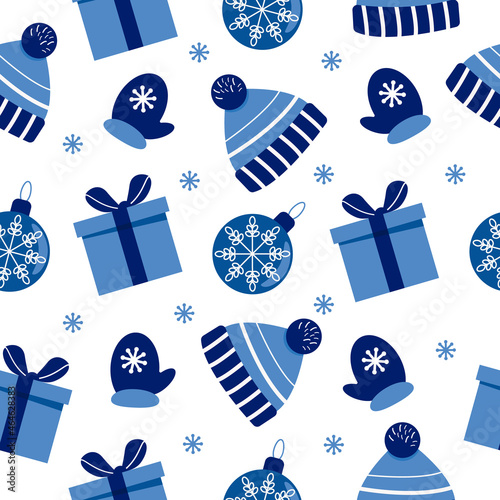 Christmas theme. Holiday decor, toys, gifts, winter hat and warm gloves. Seamless pattern. Can be used for wallpaper, pattern fills, web page background, surface textures
