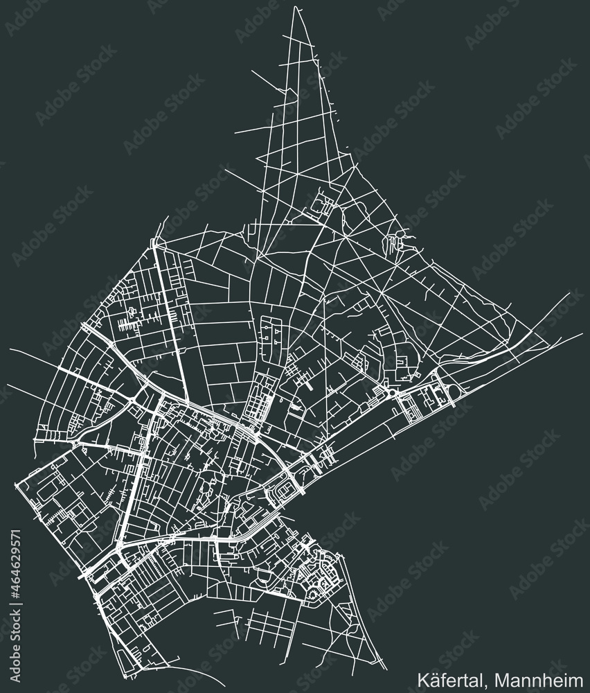 Detailed navigation urban street roads map on vintage beige background of the quarter Käfertal district of the German regional capital city of Mannheim, Germany