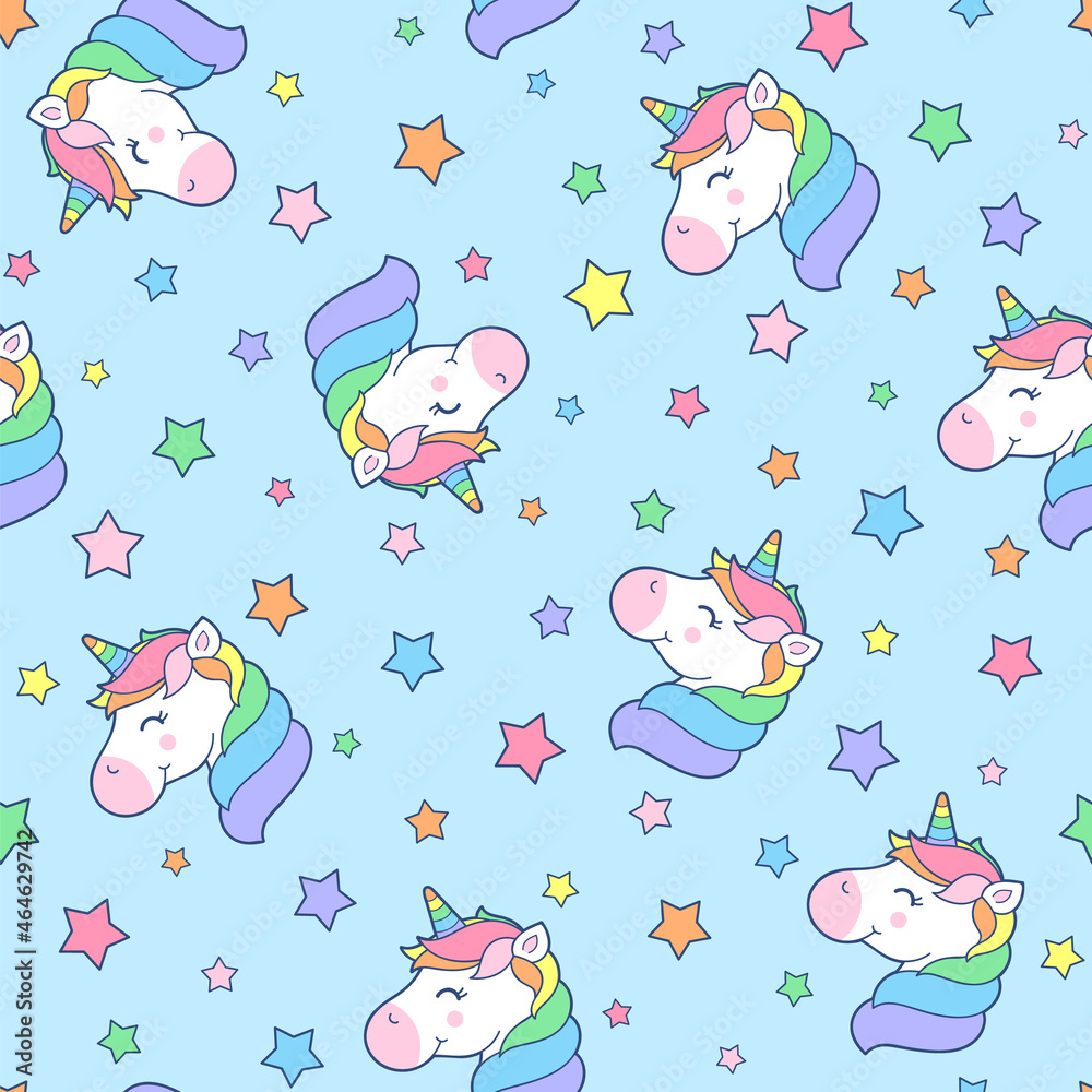 Fototapeta premium Cute pastel unicorn seamless pattern with star background.