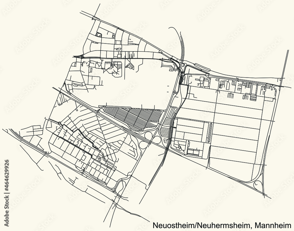 Fototapeta premium Detailed navigation urban street roads map on vintage beige background of the quarter Neuostheim/Neuhermsheim district of the German regional capital city of Mannheim, Germany