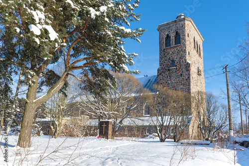 Sunny February day at the old building of the former Lutheran church. Priozersk photo