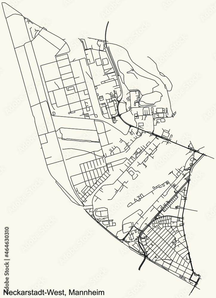 Detailed navigation urban street roads map on vintage beige background of the quarter Neckarstadt-West district of the German regional capital city of Mannheim, Germany