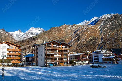 Beautiful winter landscape at mountain resort in Saas Fee near mount Valpelline, Switzerland. photo