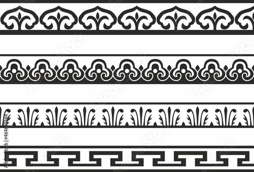 Vector set of seamless endless monochrome Chinese ornaments. Frames, borders, enclosures, drawing of the east. 