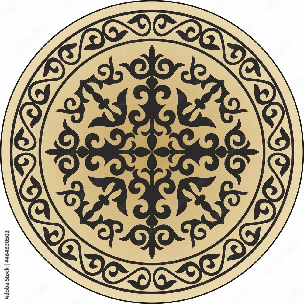 Vector Kazakh round ornament. circle with ornament drawing of the great steppe. Patterns of the Turkic peoples, siberia and mongolia
