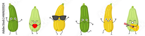 Set squash zucchini character cartoon face smiling joy vegetable jumping running loves sings marrow happy courgette emotions icon vector illustration.