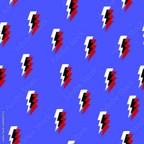 seamless abstract multicolored pattern on a blue background with the image of signs symbolizing lightning in a cartoon style for prints on fabrics, packaging, clothing and also for interior decoration