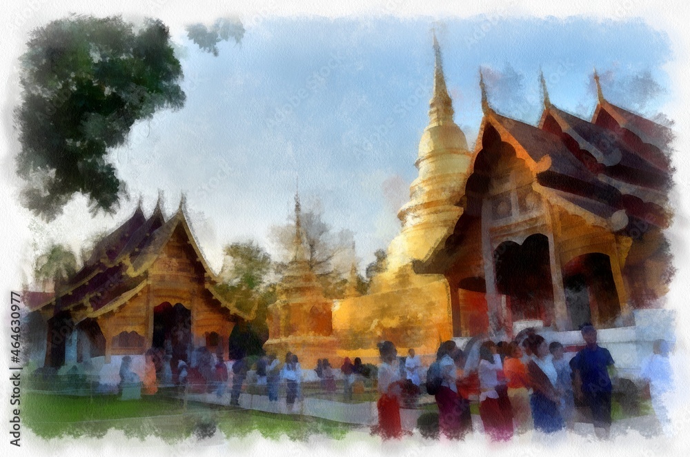 Ancient architecture of Thailand watercolor style illustration impressionist painting.