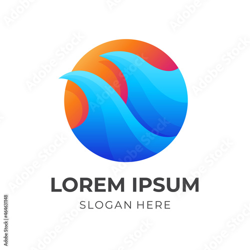 wave sea logo design with 3d blue and orange color style