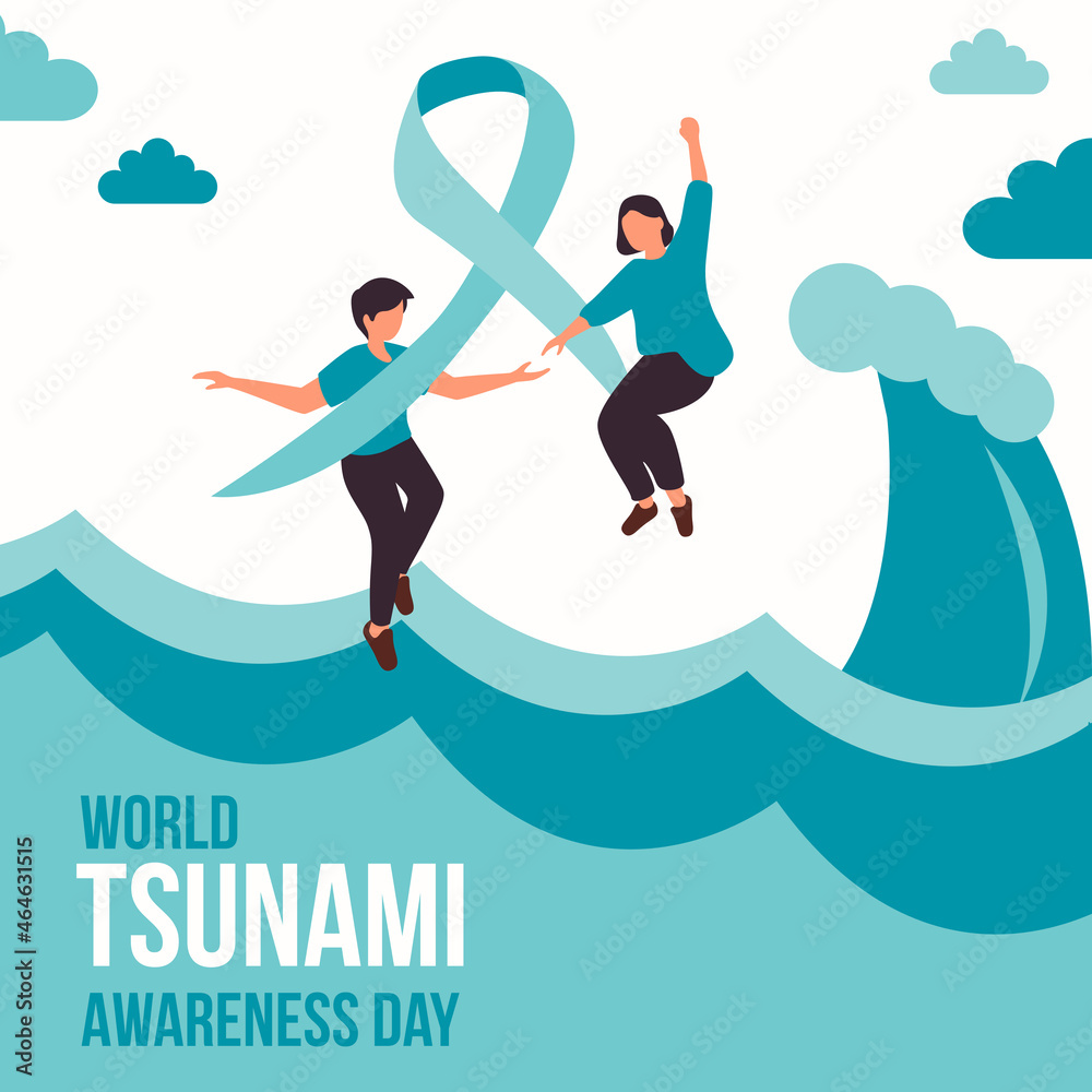 Vector illustration of World Tsunami Awareness Day. Flat concept design of couple helping each other and caring ribbon symbol. Disaster warning campaign template.