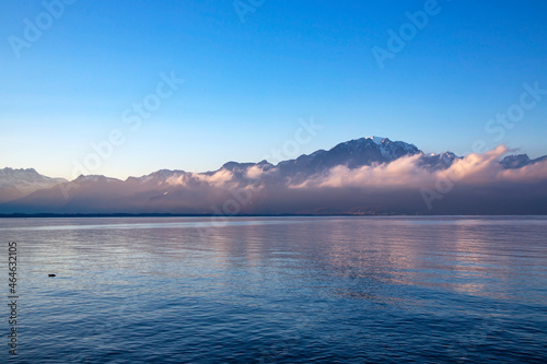Beautiful view by a misty morning at sunrise on Lake Geneva in Montreux, Switzerland