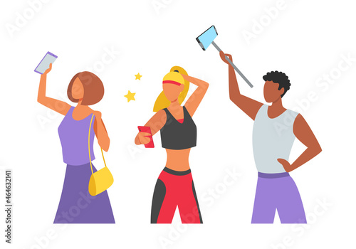 People of different nationalities using a smartphone. They communicate through social networks, take selfies. Men and women with gadgets. Vector illustration in flat style