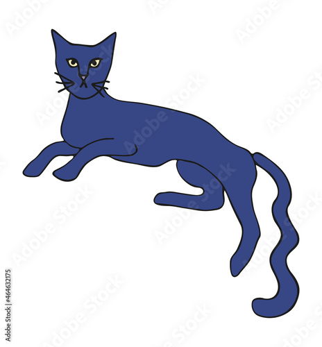 Vector isolated element, .blue cat. A recumbent cat. Hand drawn colored illustration. Design for card, print, logos, poster. Halloween theme. Animal theme.