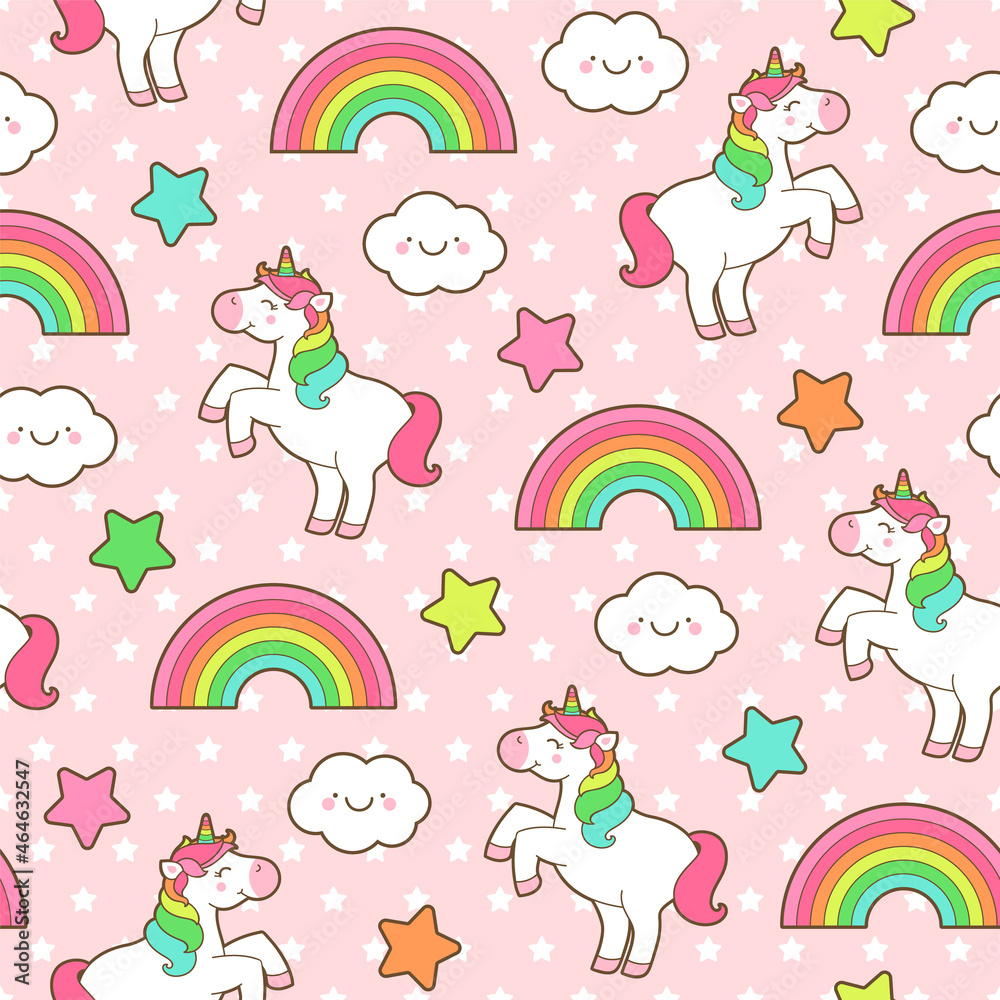 Cute unicorn, rainbow, cloud and star seamless pattern with little star background. Cute unicorn, rainbow, cloud and star seamless pattern with little star background.