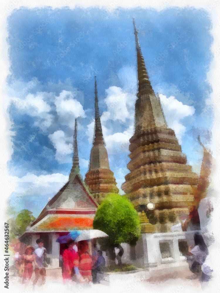 Fototapeta premium Ancient architecture of Thailand watercolor style illustration impressionist painting.