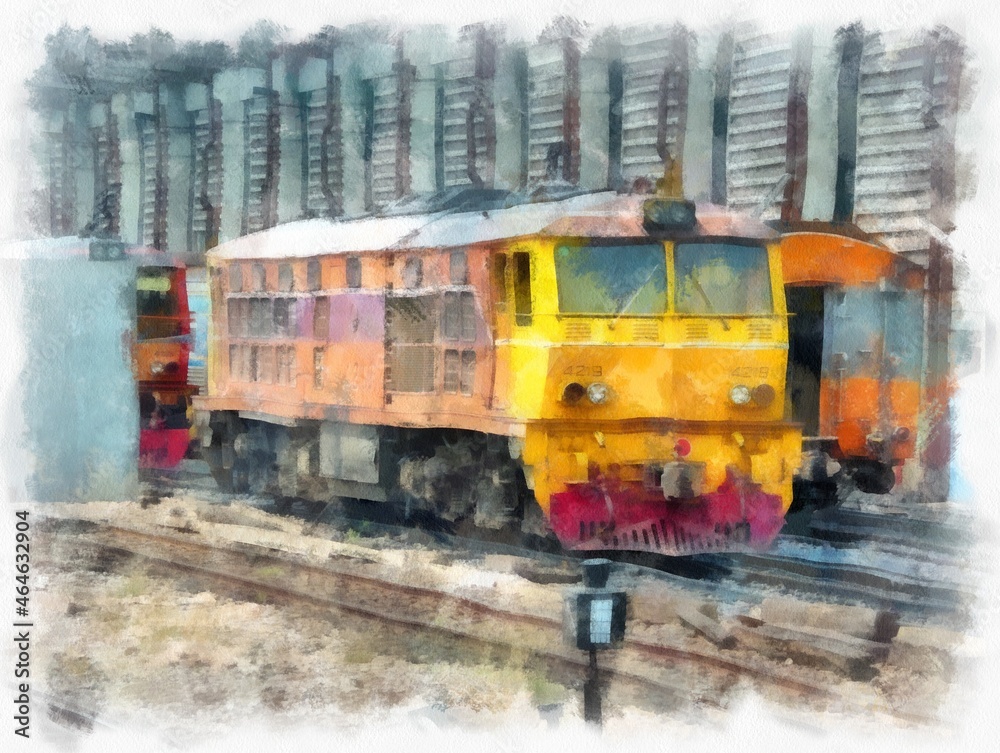 train locomotive watercolor style illustration impressionist painting. train locomotive watercolor style illustration impressionist painting.